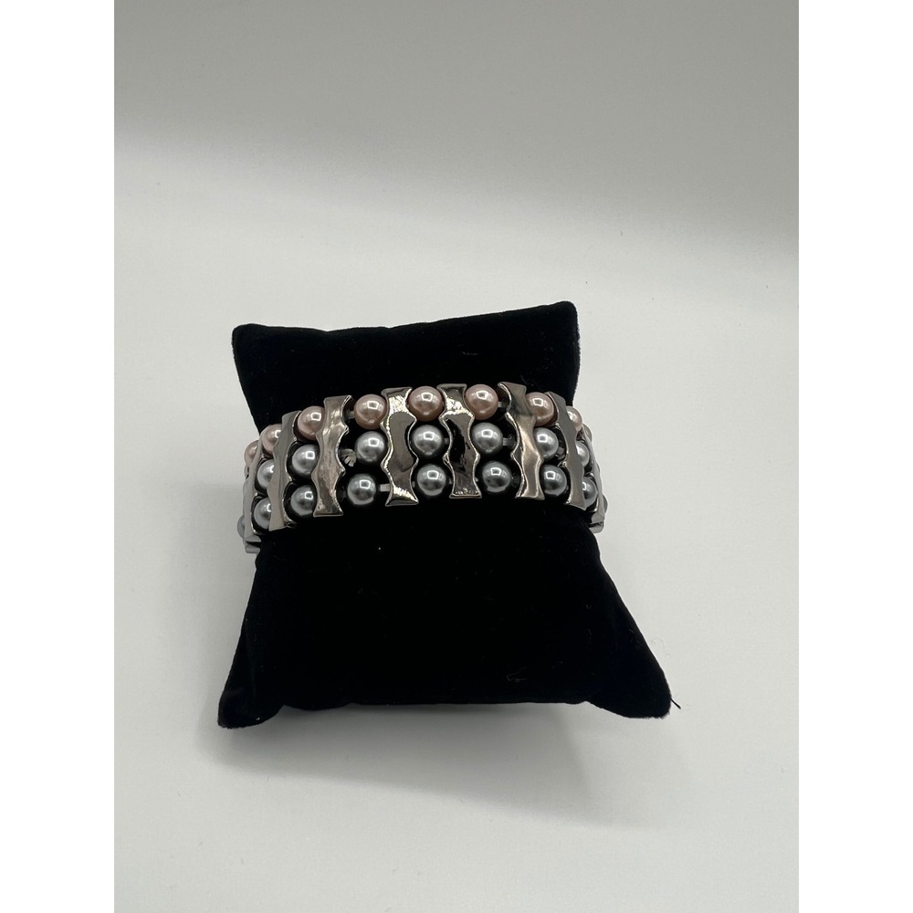 Dulin Collection Gunmetal Pink Grey Faux Pearl Multi Row Stretch Cuff Bracelet